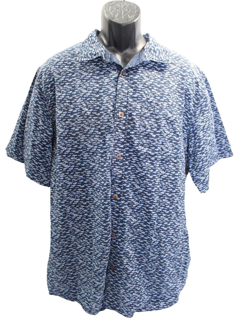 Mountain Khakis Camp Shirt Mens XL Button Front Blue Fish Print Cotton Tencel